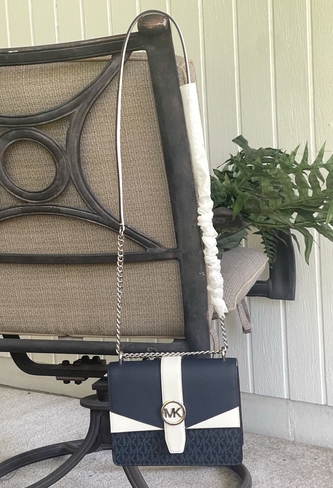 MICHAEL KORS GREENWICH SMALL FLAP CROSSBODY NAVY BLUE WHITE MK CHAIN BAG ADMIRAL