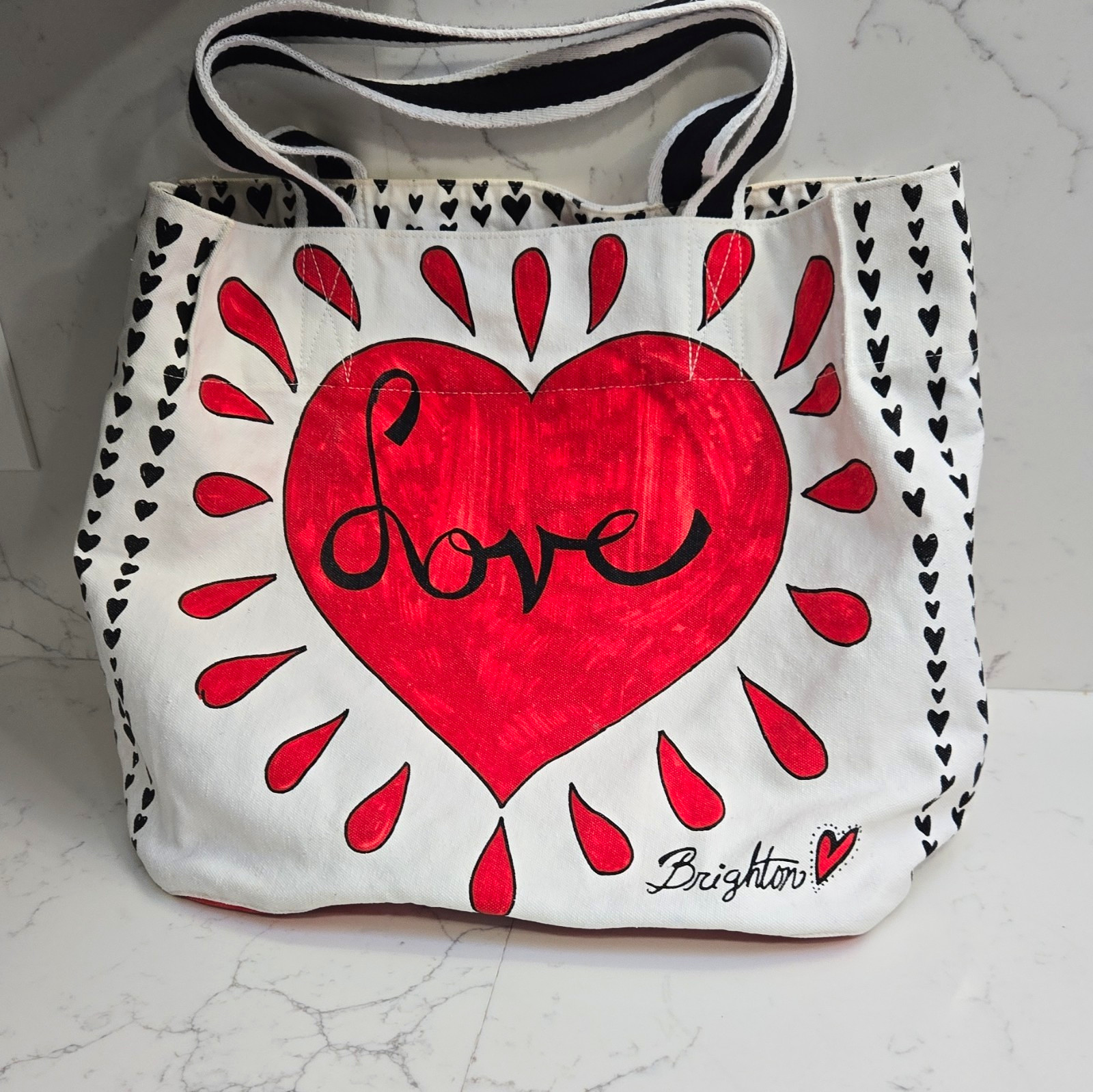 Brighton Love Heart Print Medium Tote Bag w/ Pouch Inner Pockets White Red