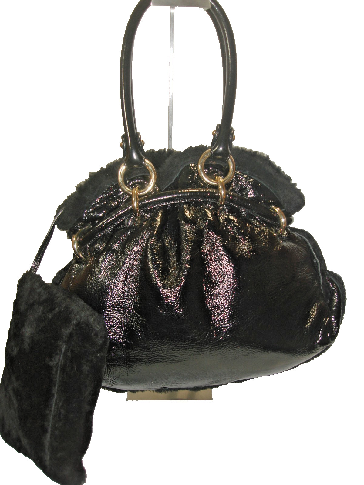 Bally Black Crinkle Patent Leather + Shearling Trim & Wristlet Shoulder Bag MINT