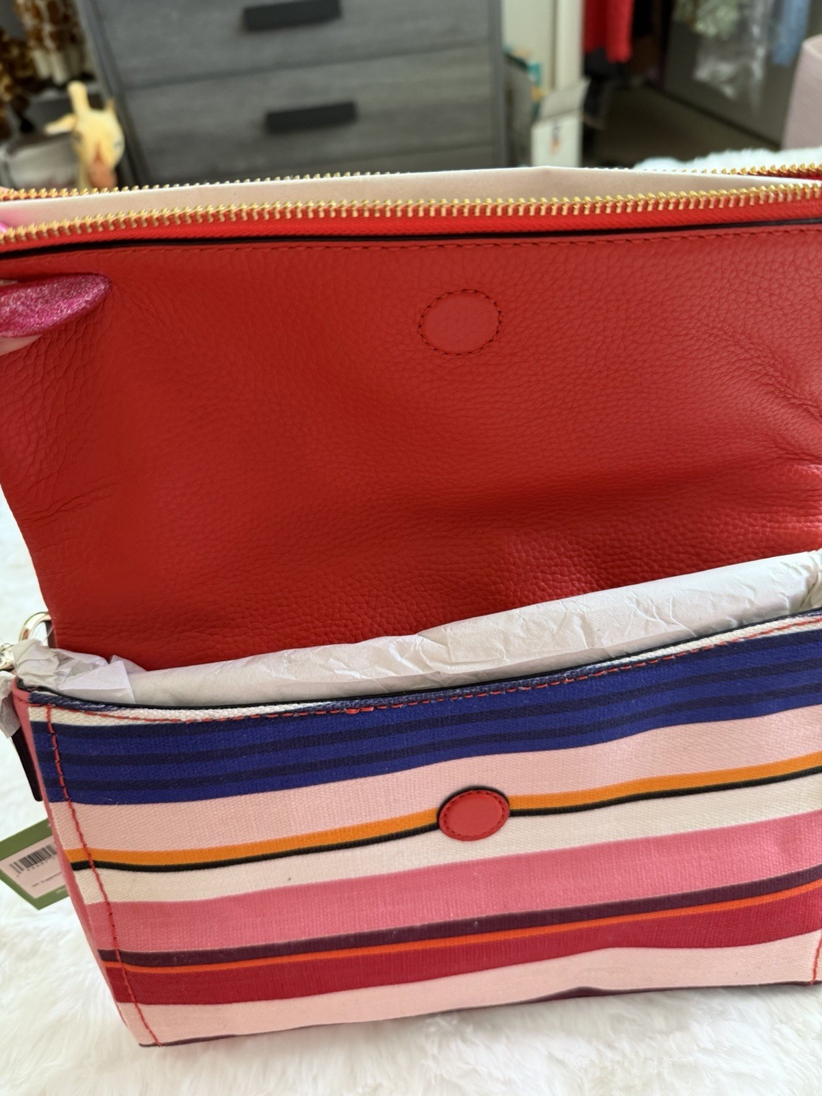 Kate Spade New York Red Striped Pebbled Zip Crossbody Bag Gold Hardware