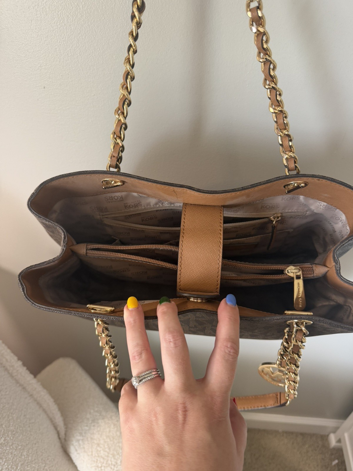 Michael Kors Monogram Tote Bag Brown Chain Gold Hardware Charm Multi Pocket
