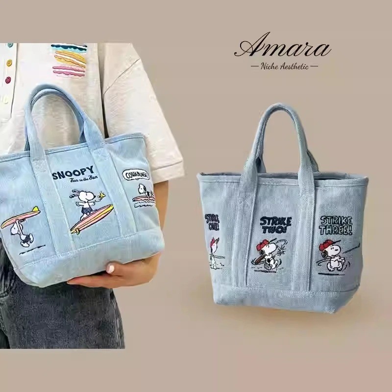 NEW Snoopy Embroidered Denim Tote Bag Cartoon Shoulder Handbag Fast Shipping