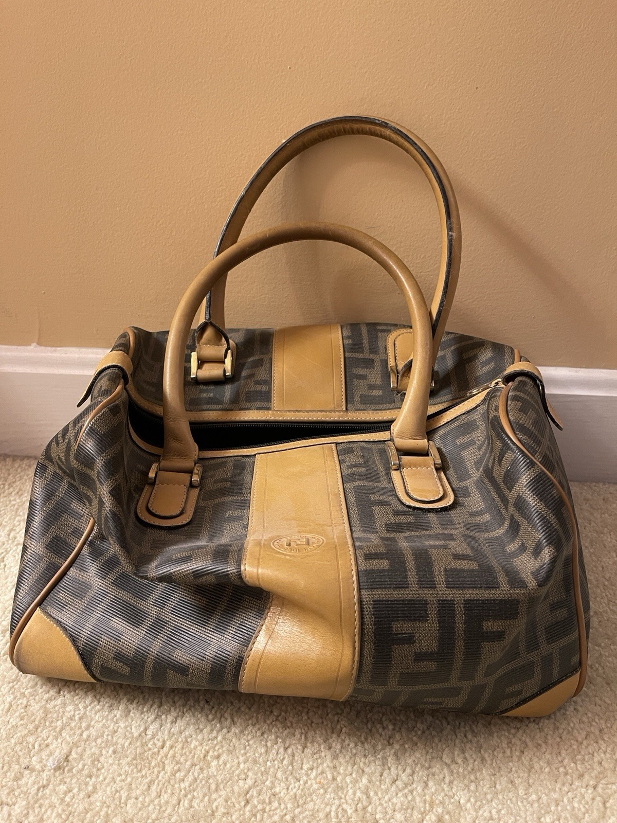 Vintage Fendi Zucca FF Boston Bag Brown PVC & Leather Monogram Handbag Italy
