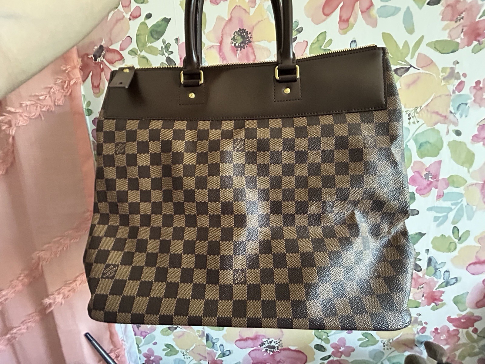 Louis Vuitton Damier Checkered Brown Zip Tote Bag Gold Hardware Red Lining