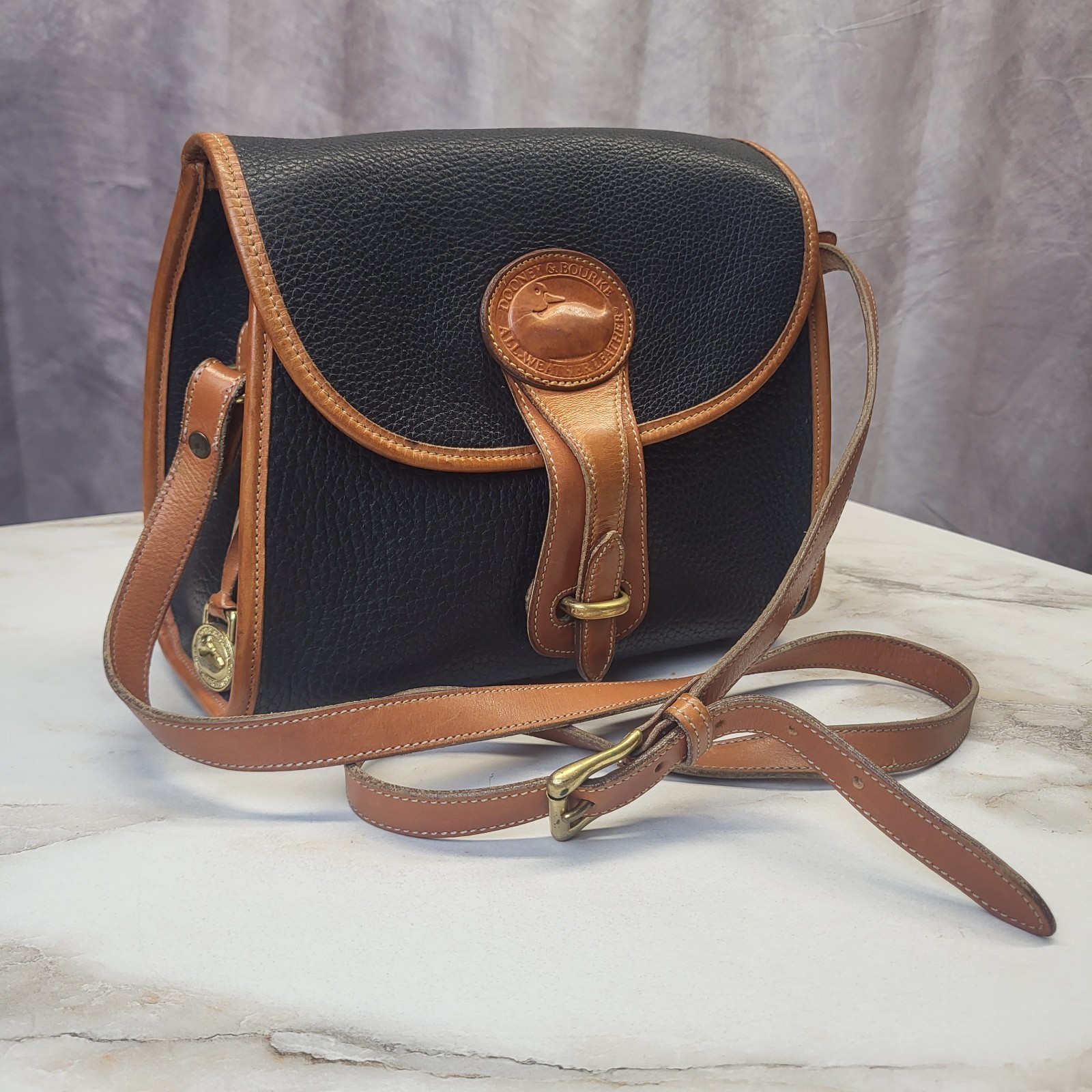 Vintage Dooney & Bourke Essex Shoulder Bag Black Pebbled With Tan Trim Medium