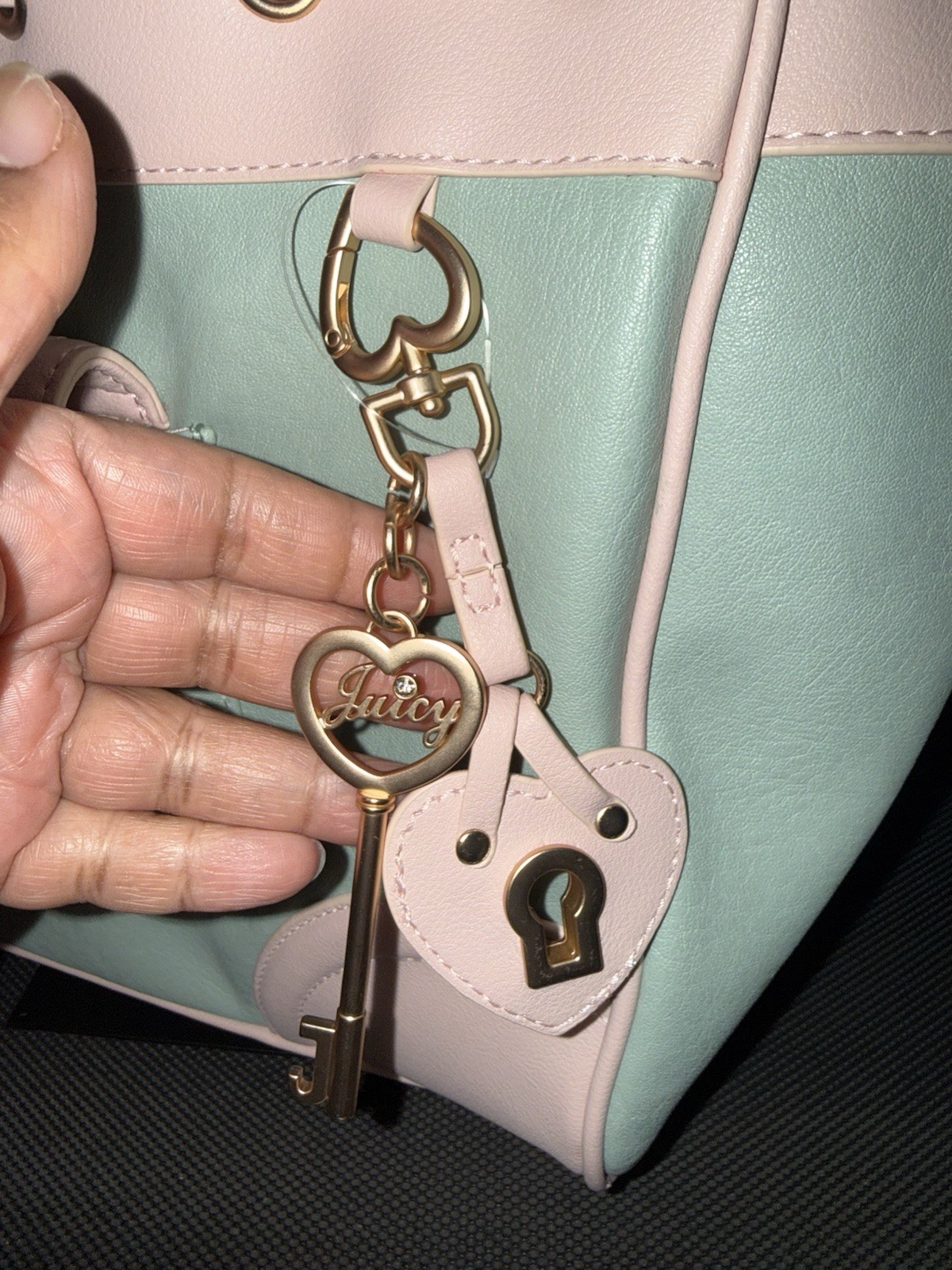 Juicy Couture Frosty Green/Pink Large Tote Bow Logo Embroidered Heart Charm
