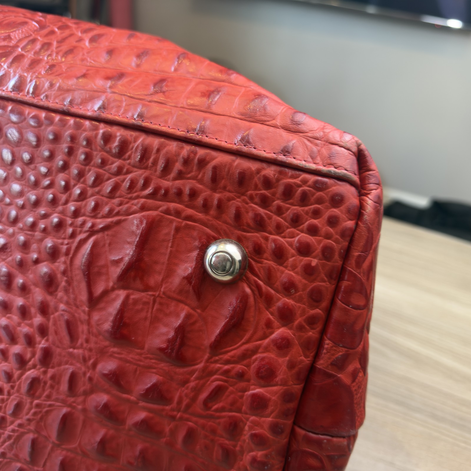 B.B. Simon Women’s Red Leather Satchel Handbag Rhinestone Western Buckle Large