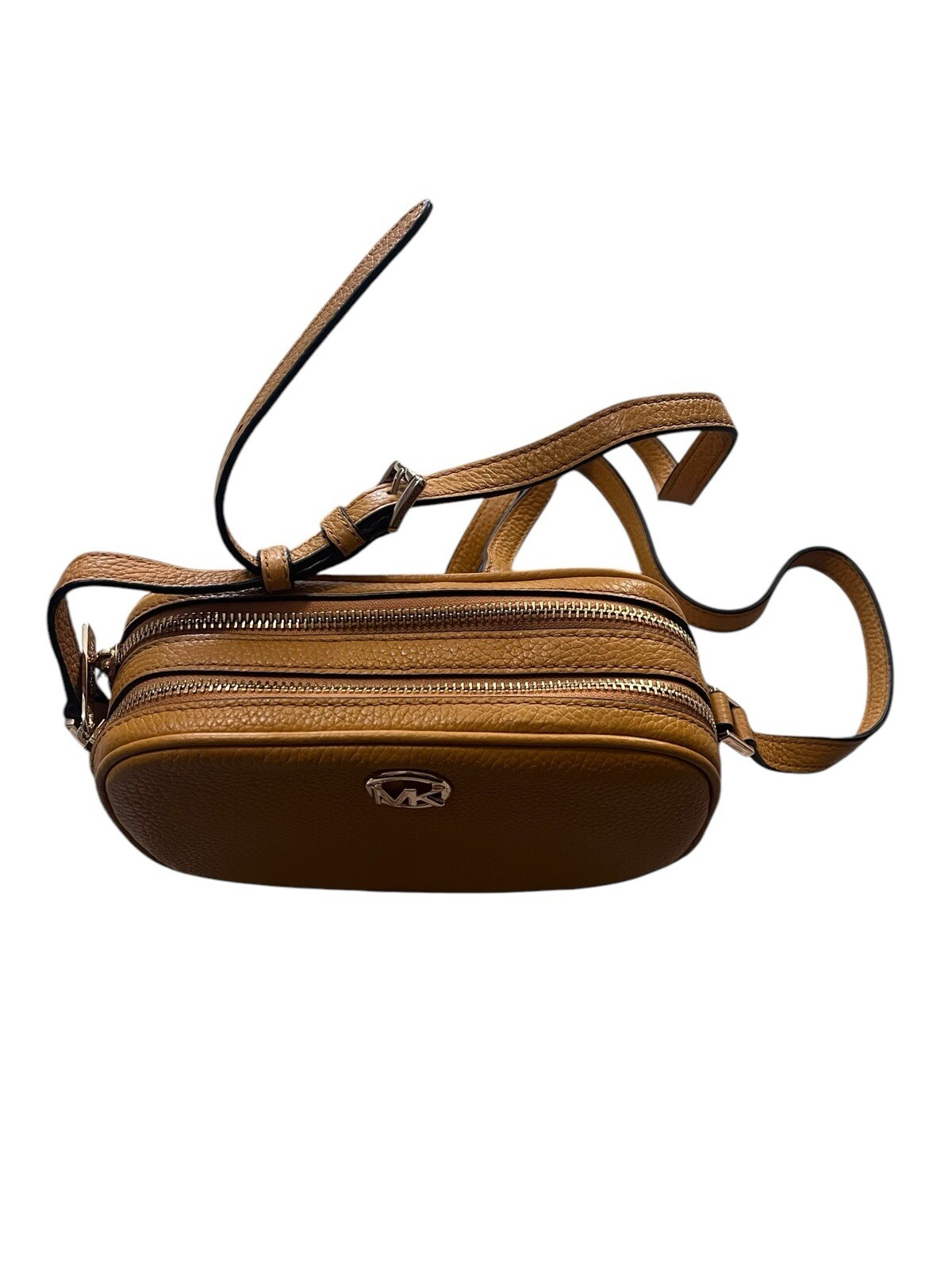NWT MICHAEL KORS Fulton Double-Zip Leather Crossbody Bag Luggage/Gold Logo $140