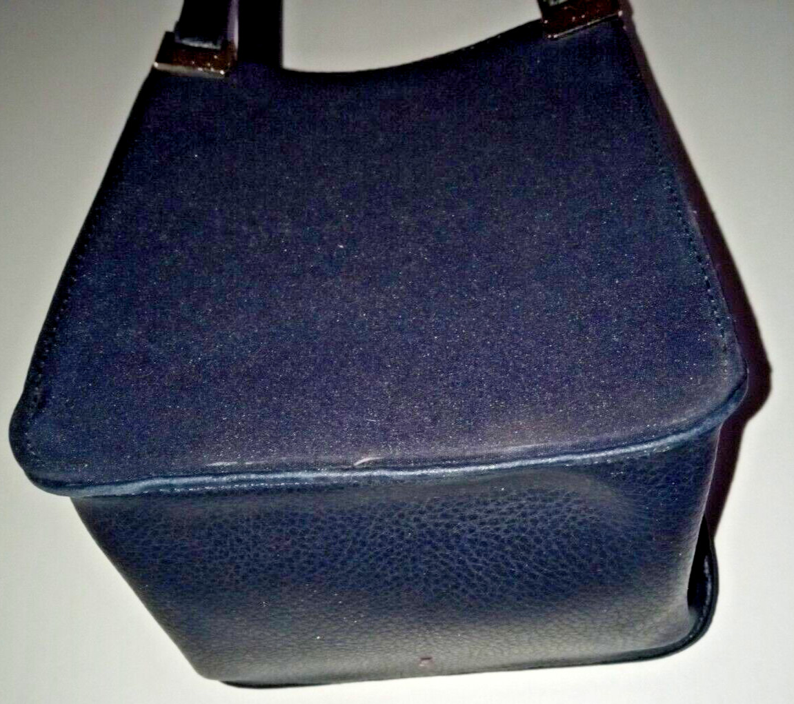 Mondani Shoulder Bag navy blue canvas and leather 3 compartments 7x6x4 1/2 in.