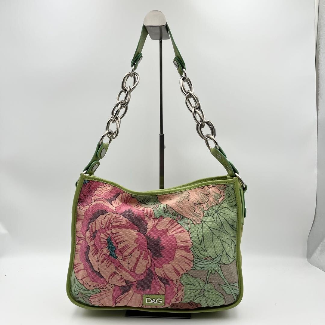Dolce Gabbana Green Floral Chain Shoulder Bag Silver Metal Large Womens