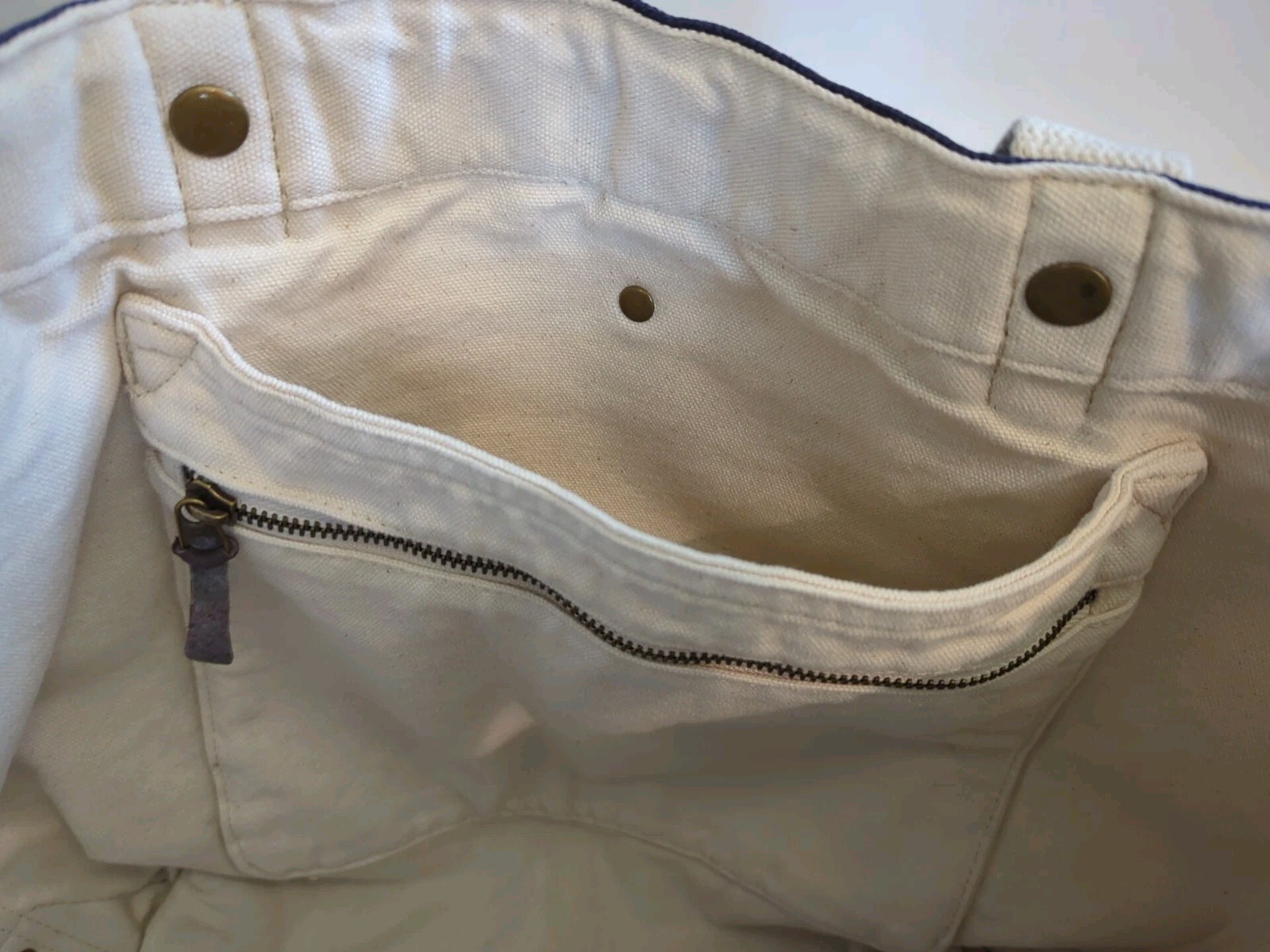 Lands’ End Canvas Tote Bag 1963 White/Blue Heavy-Duty with Pockets and Handles