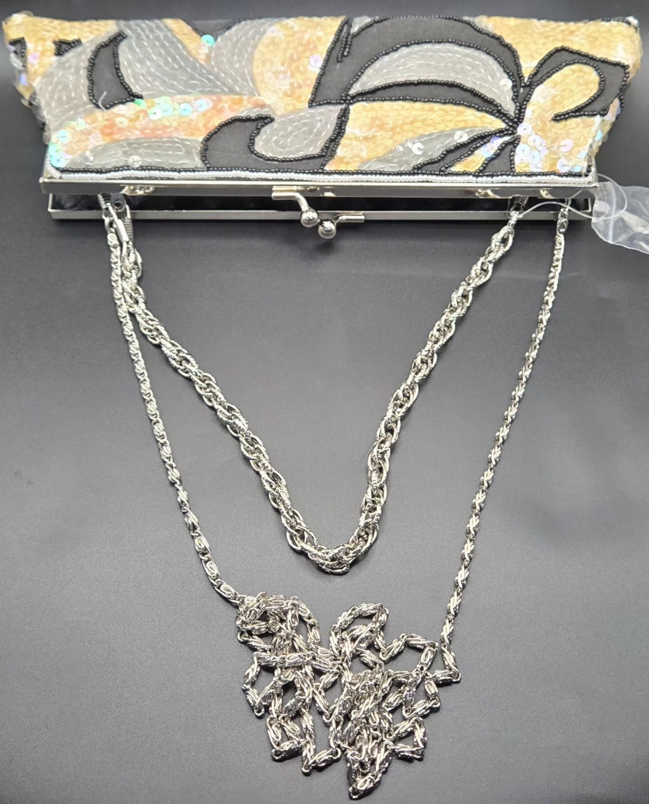 Max Mayer Beaded Sequin Geometric Metallic Clutch Kiss Lock Detachable Strap