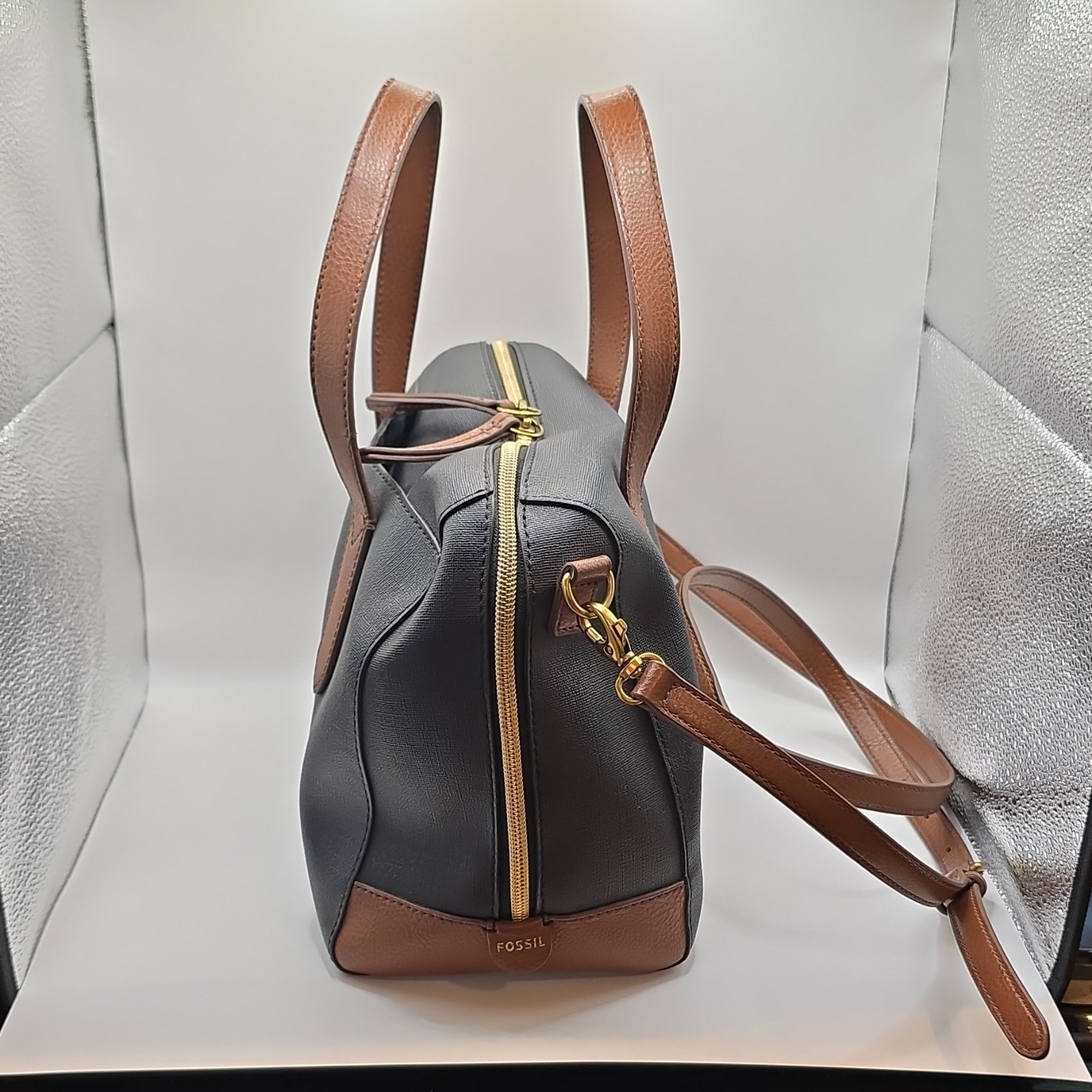 Fossil Black Satchel Top Handle Bag Brown Trim Zip Detachable Strap