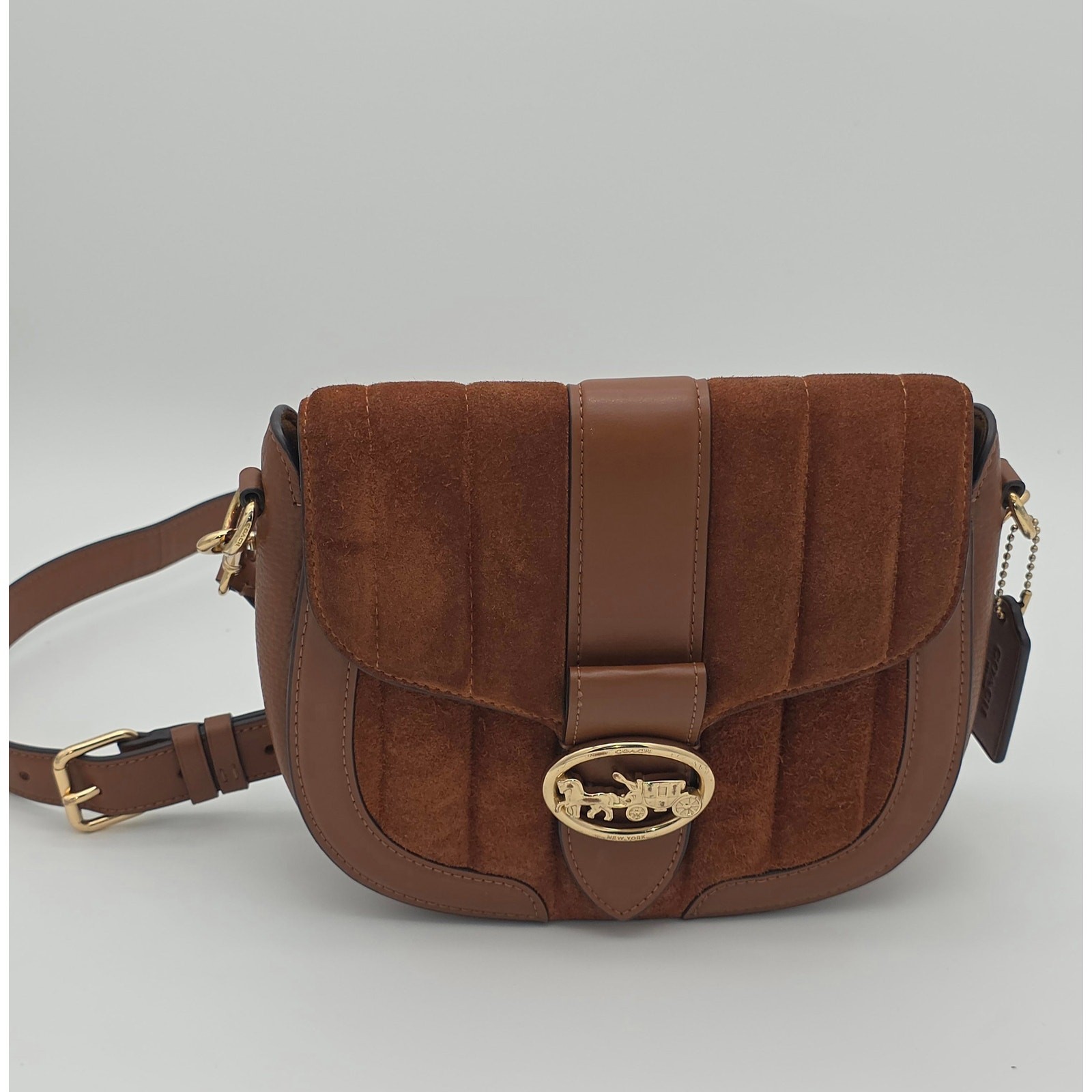 Coach Georgie Saddle Bag Cognac Suede Pebbled Leather