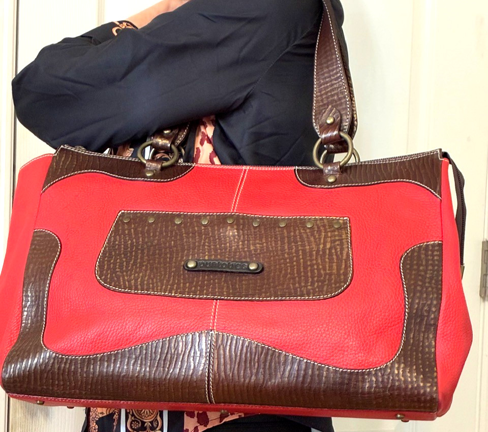 Puntotres Large Red-Brown Genuine leather Tote, Shoulder Bag Made in Spain 487
