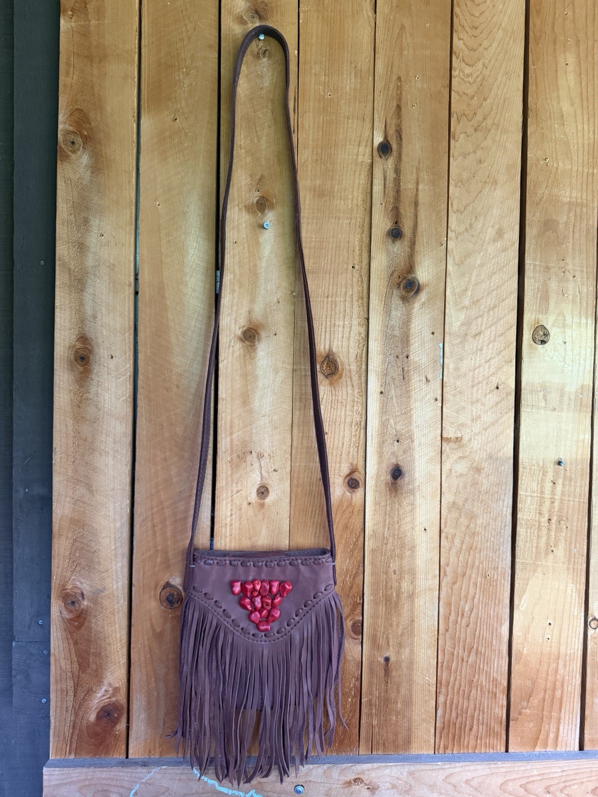 Lucky Brand Brown Crossbody Bag Zip Closure Fringe Beaded Gold Boho Western