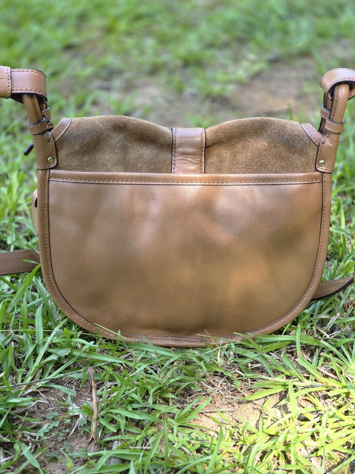 MICHAEL KORS Jamie Medium Saddle Bag Crossbody Brown Suede Gold Hardware
