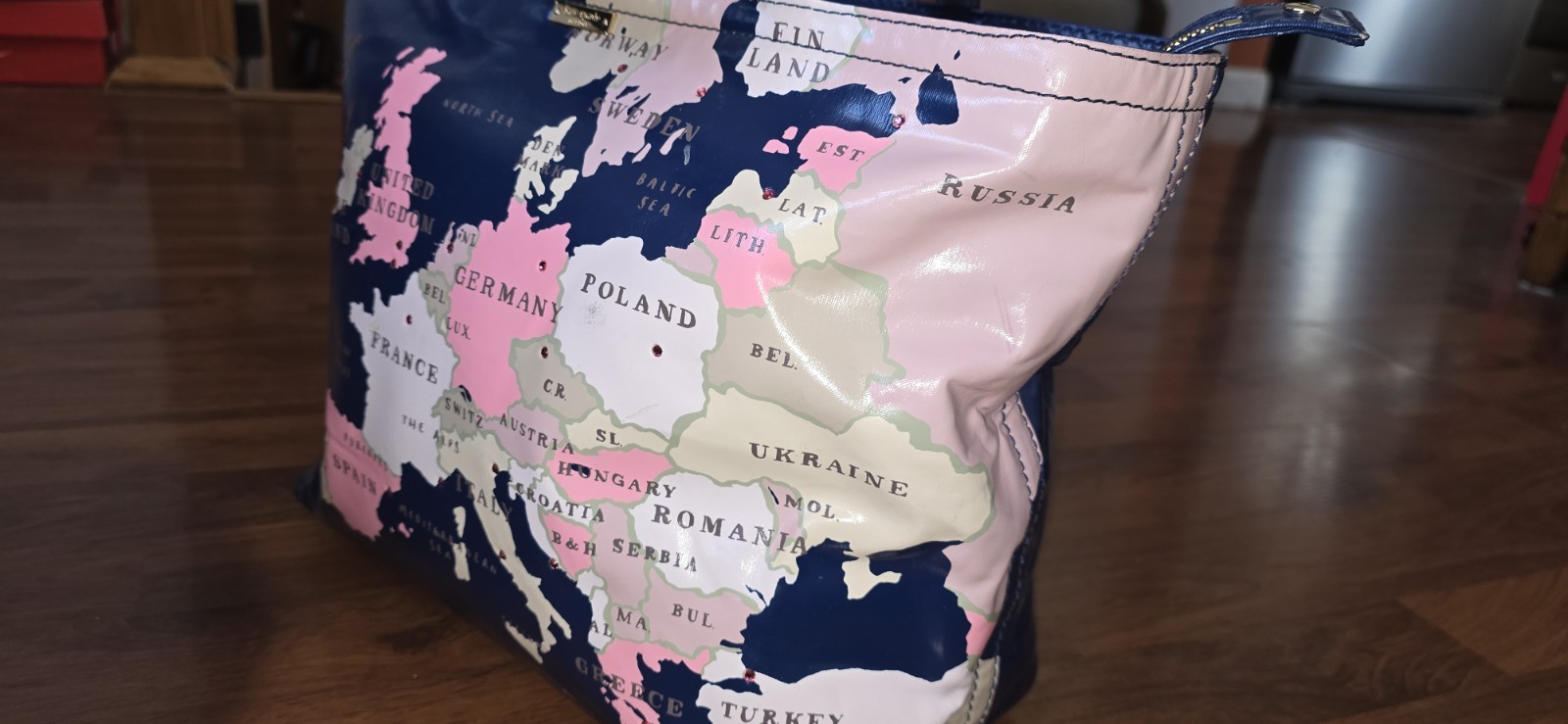 Kate Spade Going Places Map Print Zip Bag Blue Pink White