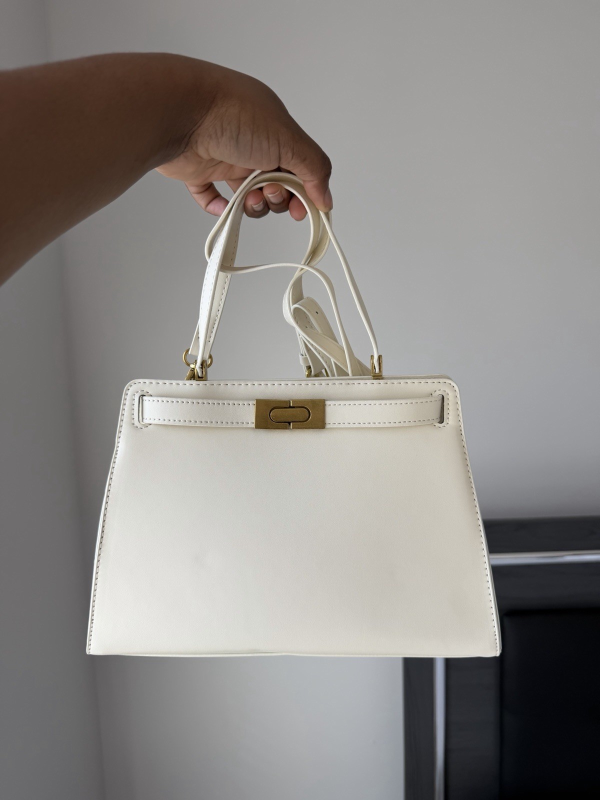 Ivory Top Handle Bag Gold Clasp Detachable Strap Women’s Structured Handbag