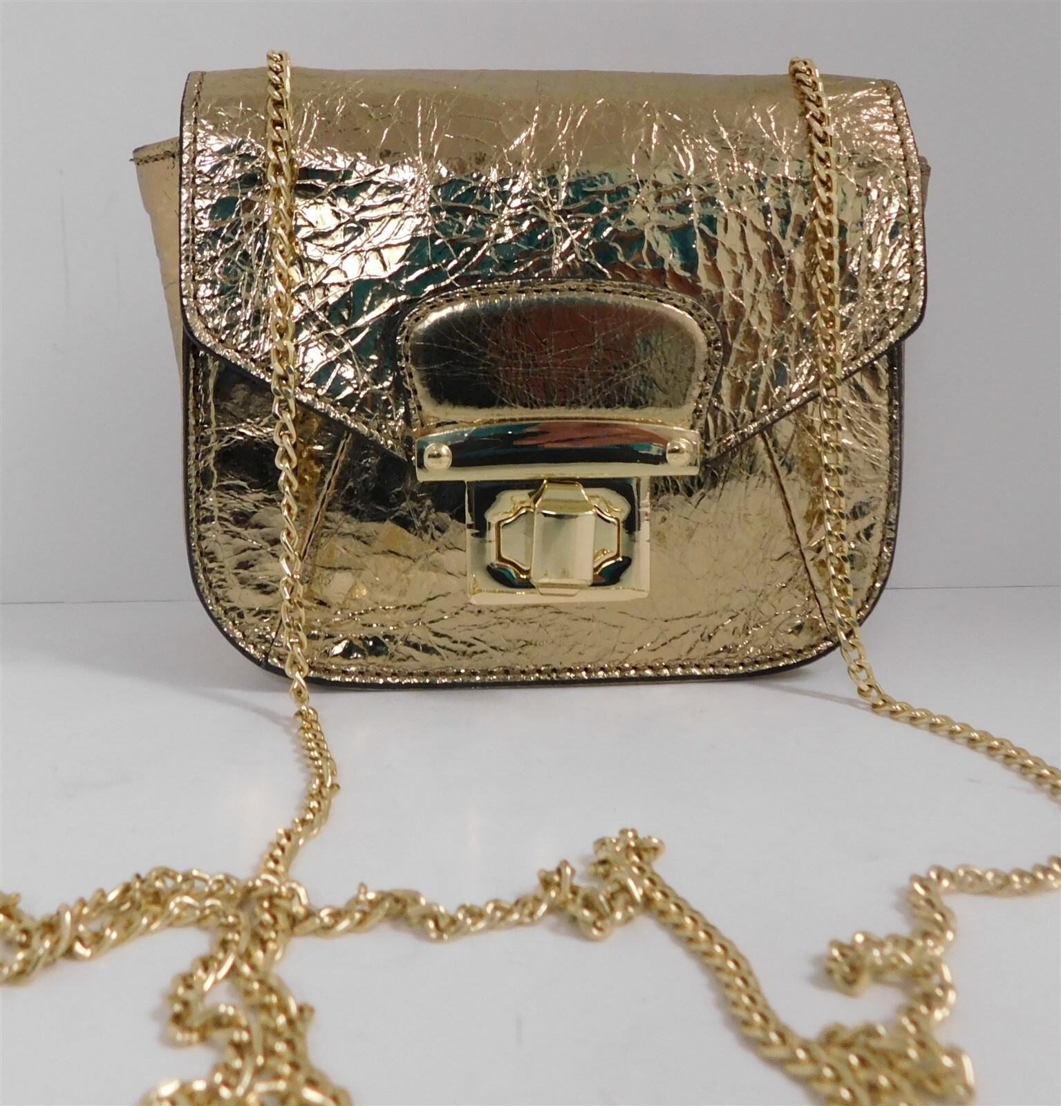 A Bellucci Gold Krinkle Foil Leather Gold Chain Flap Mini Crossbody Bag