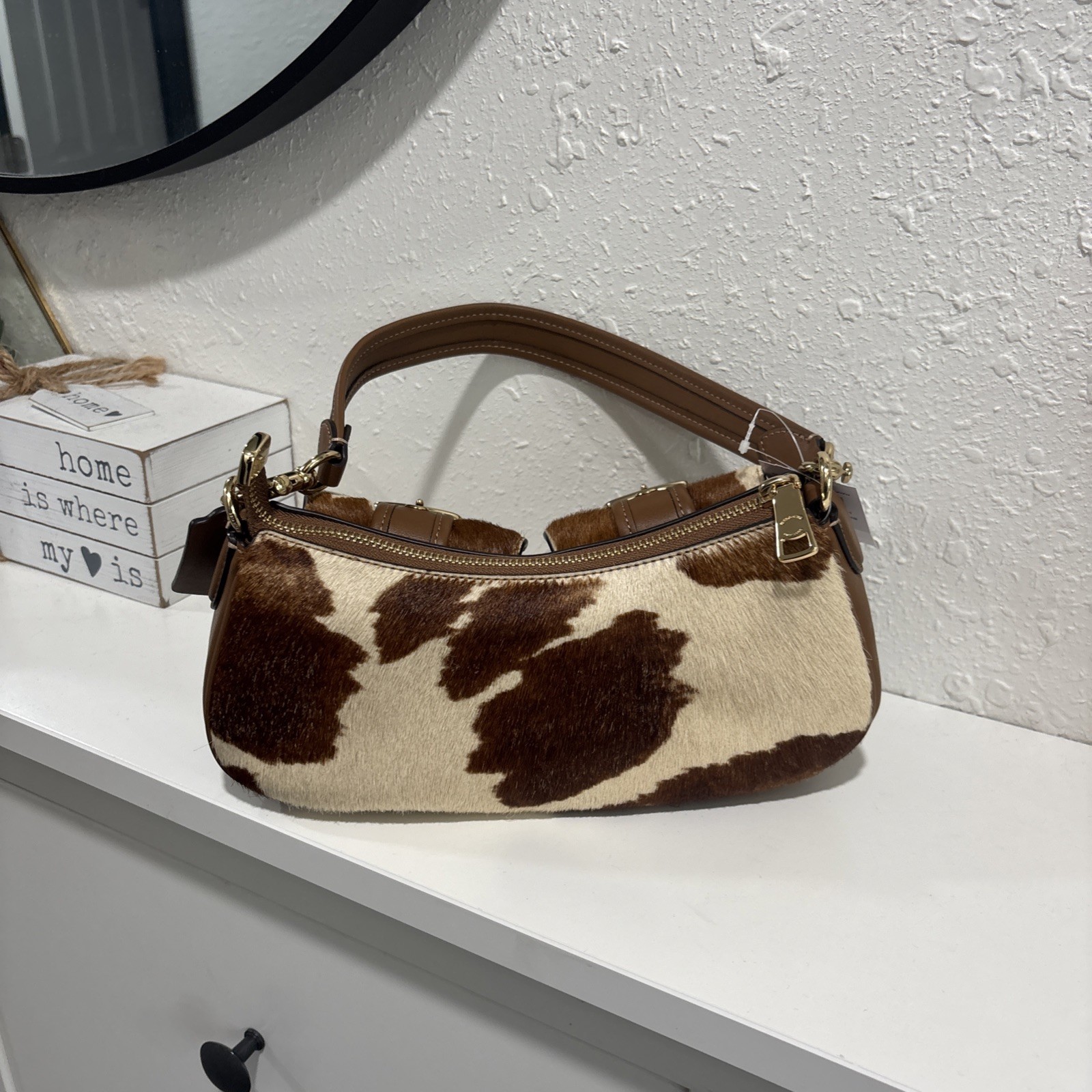 Coach Ashton Shoulder Bag In Haircalf With Cow Print Gold/Cow Multi CDW47 NWT