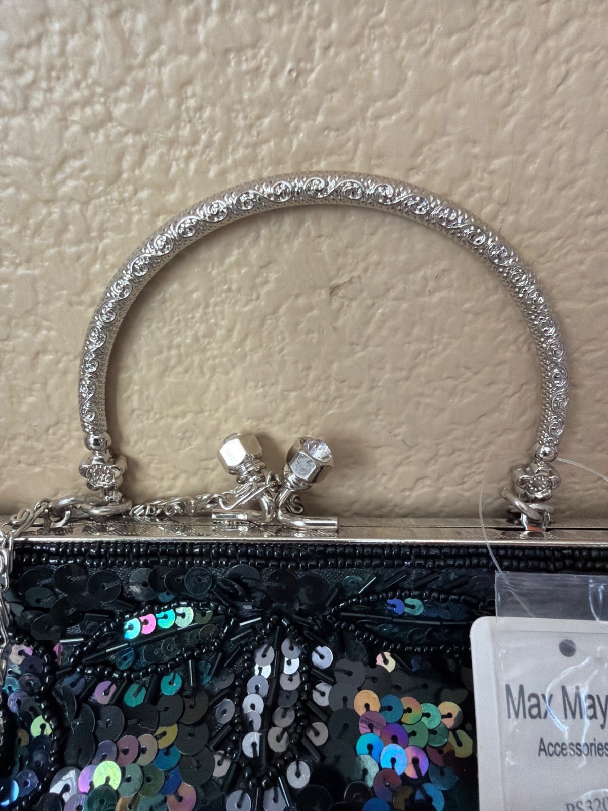 Y2K Max Mayer Black Beaded Sequin Evening Bag Clutch Kiss Lock Chain Strap NEW