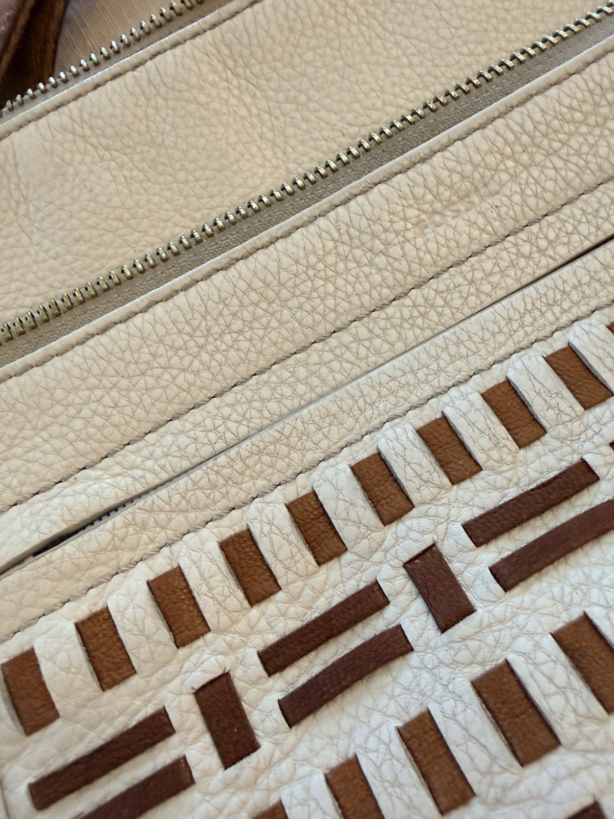 Fossil Corey Leather Crossbody Shoulder Purse Woven Boho Bag Beige Tan Western