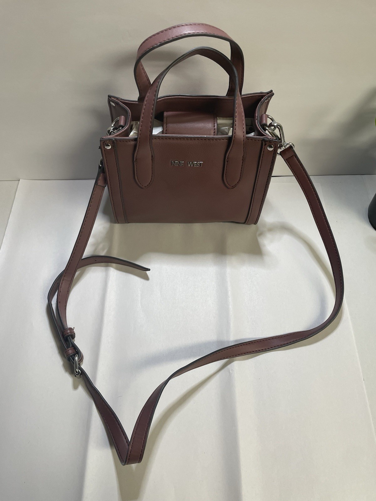 Nine West Brown Satchel Top Handle Crossbody Bag Detachable Strap Silver HW