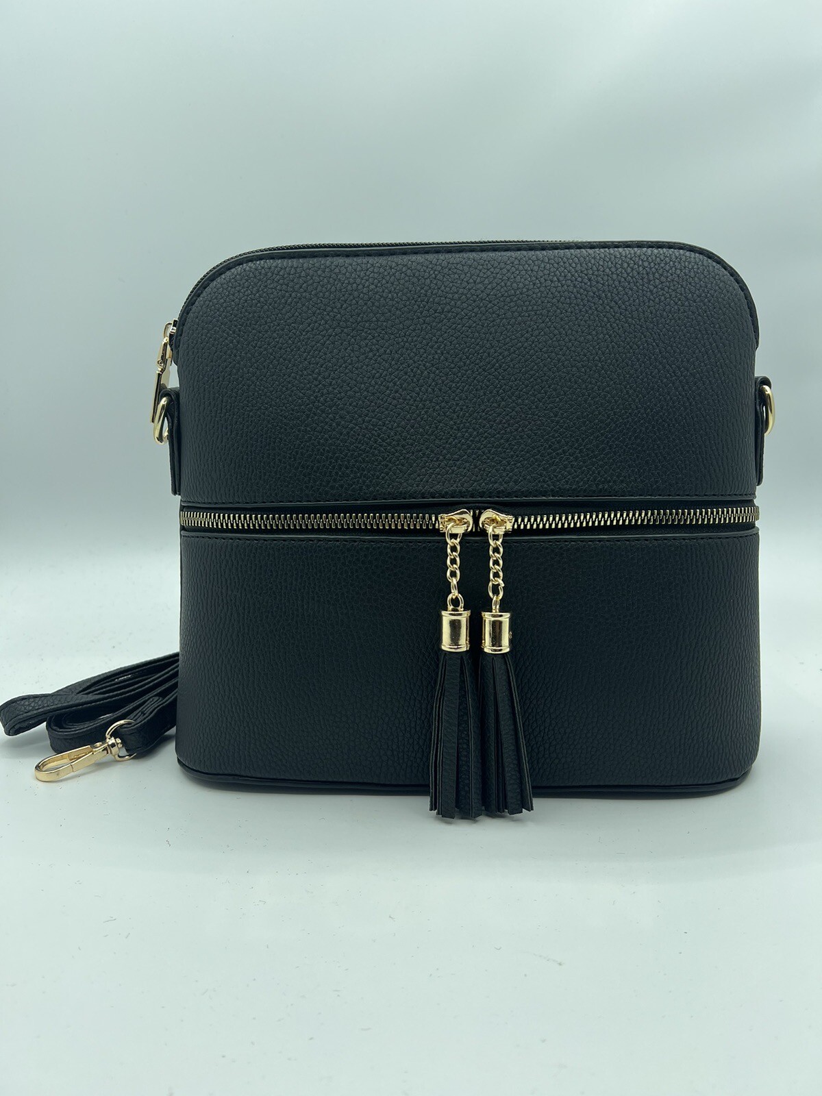 Black Crossbody Zippered Bag with Tassel Lightweight Medium Inside Pockets NEW