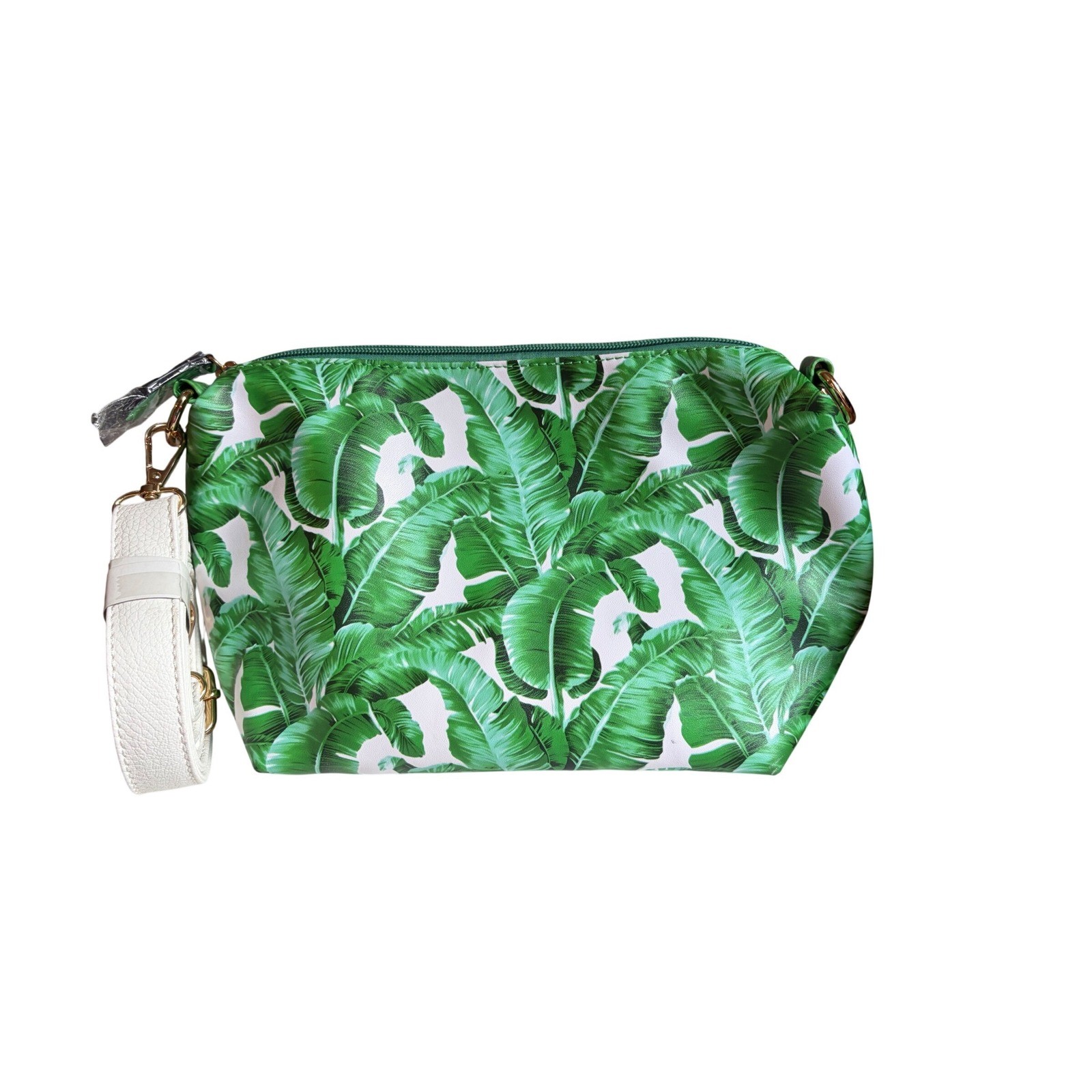 IWM Banana Leaf Print Green Tropical Palm Clutch White Strap 11.5″ W X 7″ tall