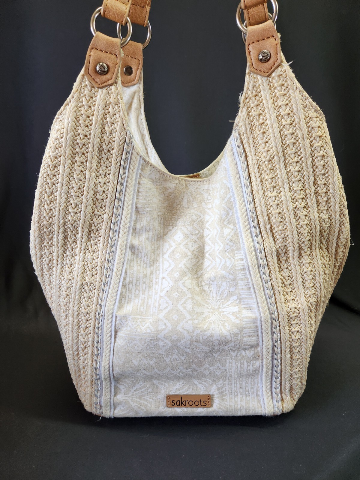 Sakroots Roma Shopper Bag Oatmeal and White Straw With Linen