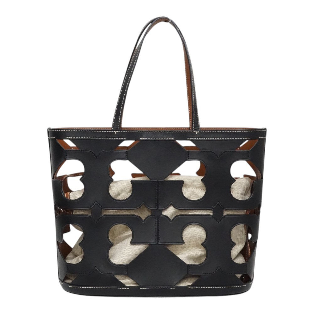 TORY BURCH Ella Cutout Basket Tote Bag Leather Black Women’s #KNB7431