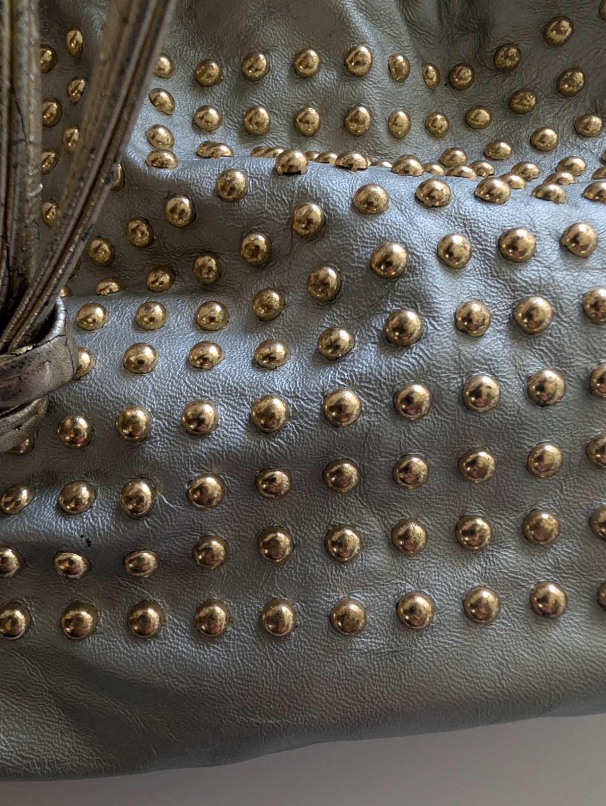 DAWLI Metallic Silver Studded Bucket Drawstring Bag Small Crossbody Strap Gold