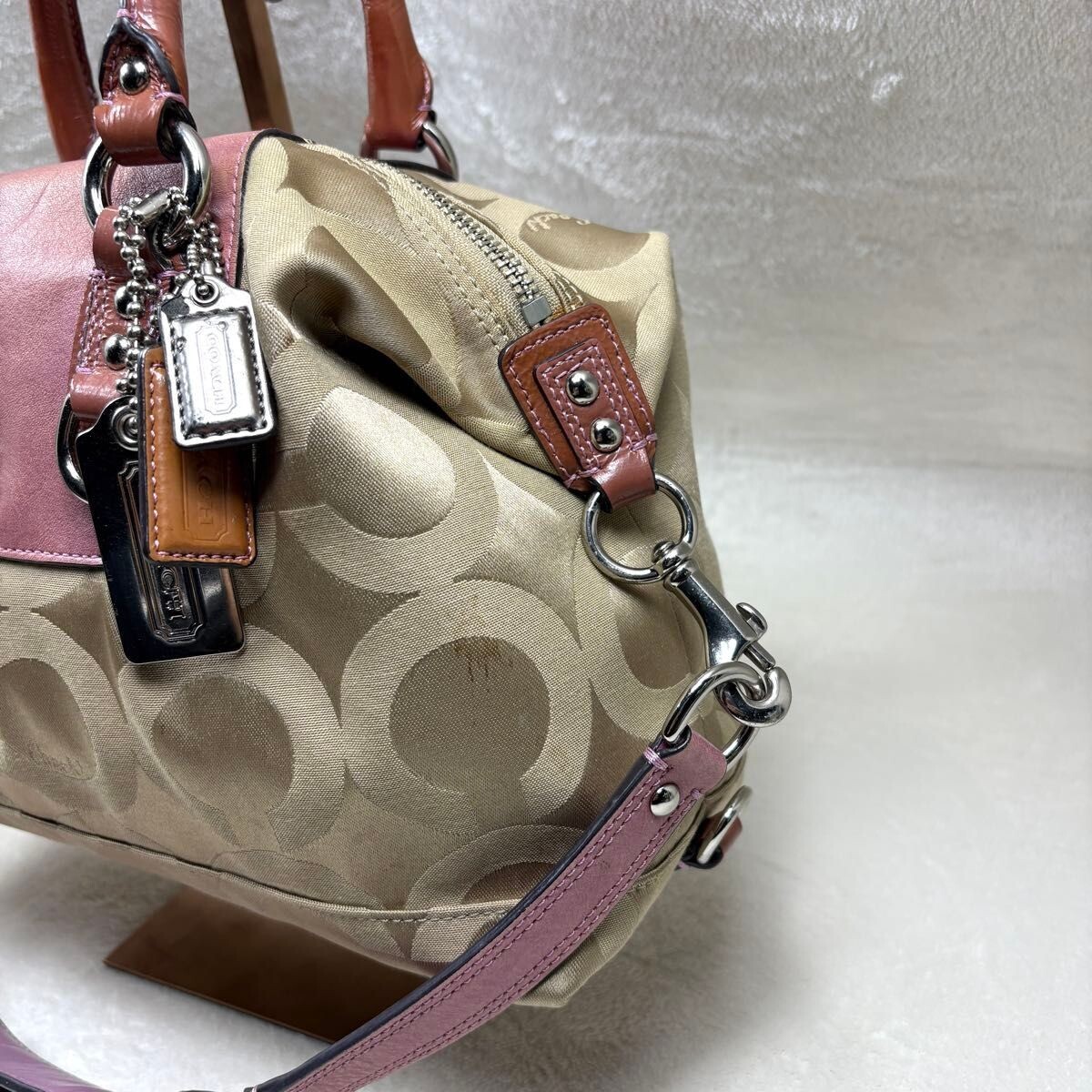 Coach Madison Signature 2Way Canvas Leather Shoulder Handbag Beige Pink 12947