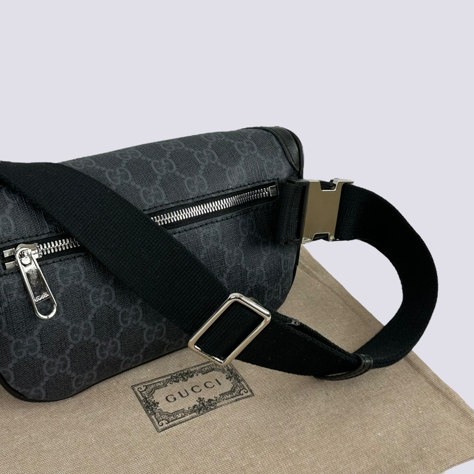 Gucci GG Monogram Interlocking G Canvas Leather Crossbody Belt Bag Black 682933