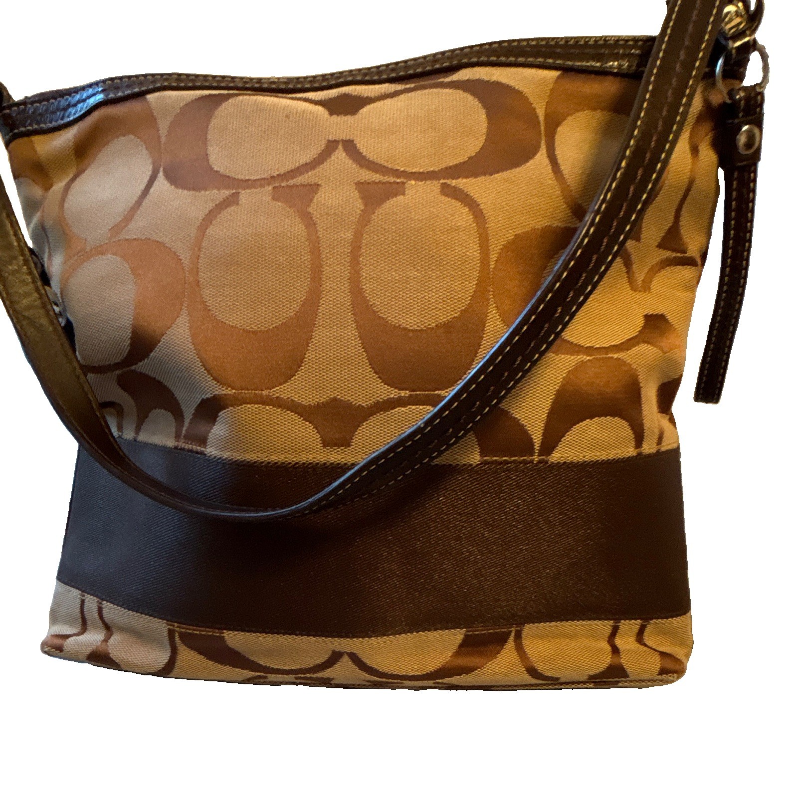 Coach Signature Brown Tan Shoulder Bag Zip Closure Leather Trim Charm Silver
