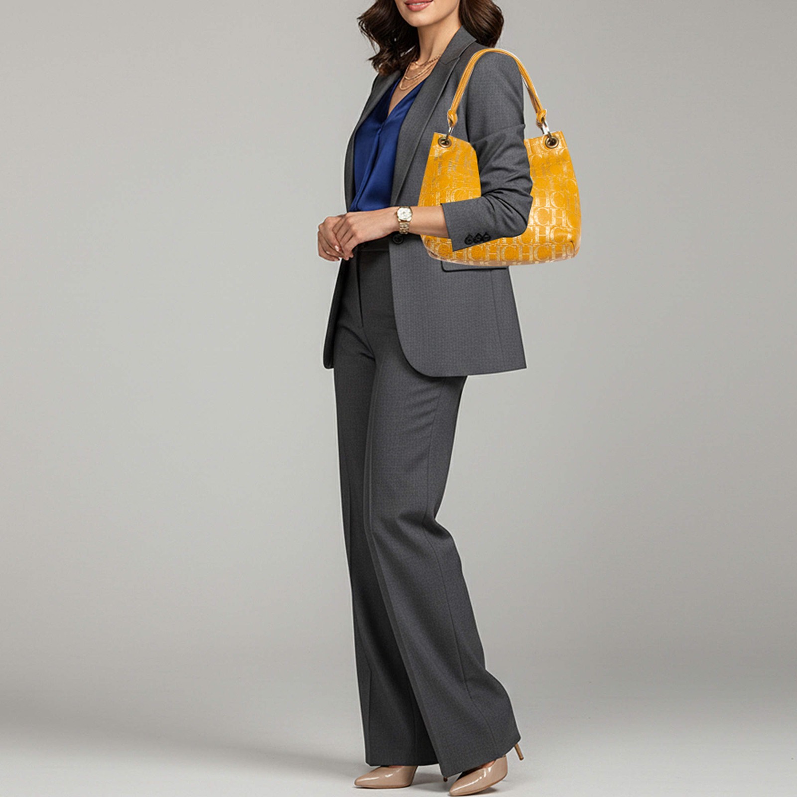CH Carolina Herrera Yellow Monogram Embossed Leather Ring Handle Tote
