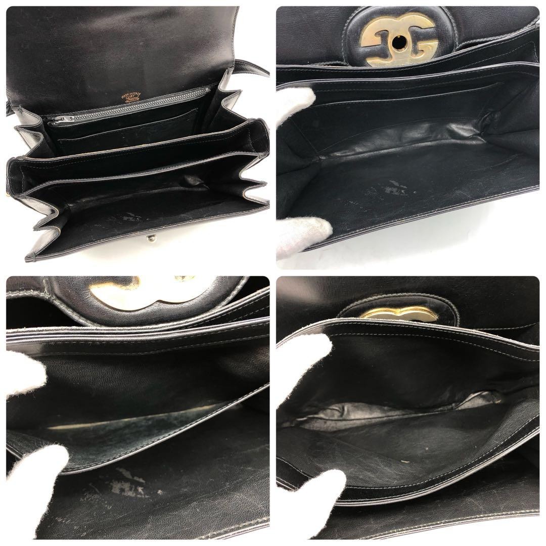 GUCCI Black Leather One-Shoulder Bag Interlocking Logo Gold Hardware Authentic