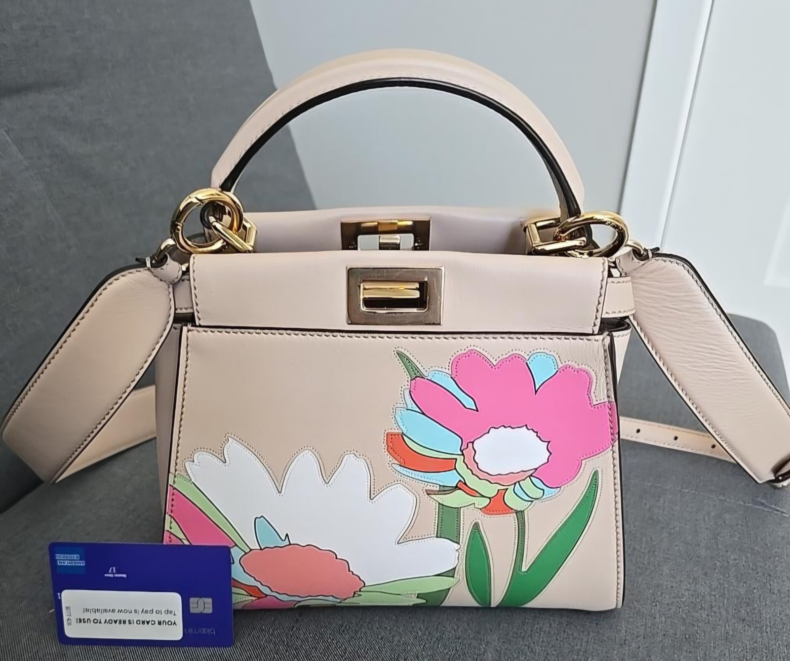 Authentic FENDI Mini Peekaboo Floral Appliqué Poudre Lamb Leather Bag Italy