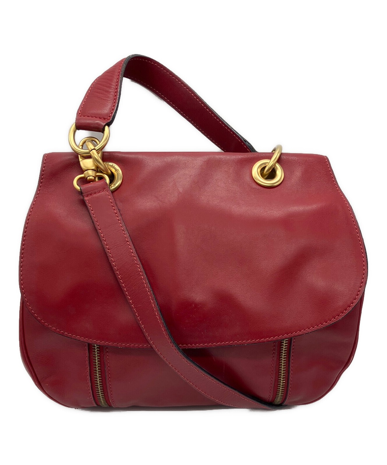 CELINE Eyelet Flap 2Way Hand Bag Red Leather Shoulder Bag USED from Japan #TE