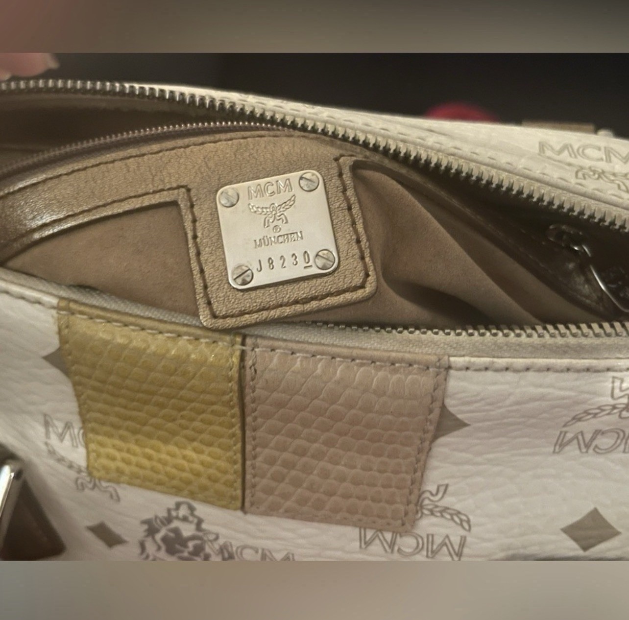MCM Visetos Leather White Boston Bag Monogram Satchel Top Handle Zip Closure