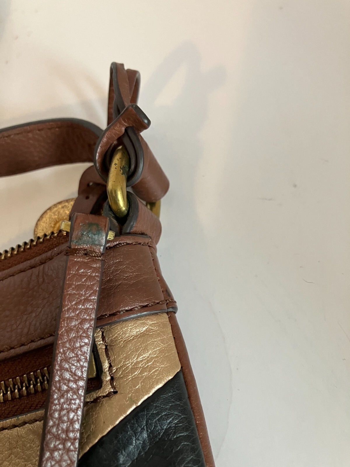 Fossil Fiona Color Block Crossbody Leather Bag Handbag Purse Red Black Brown