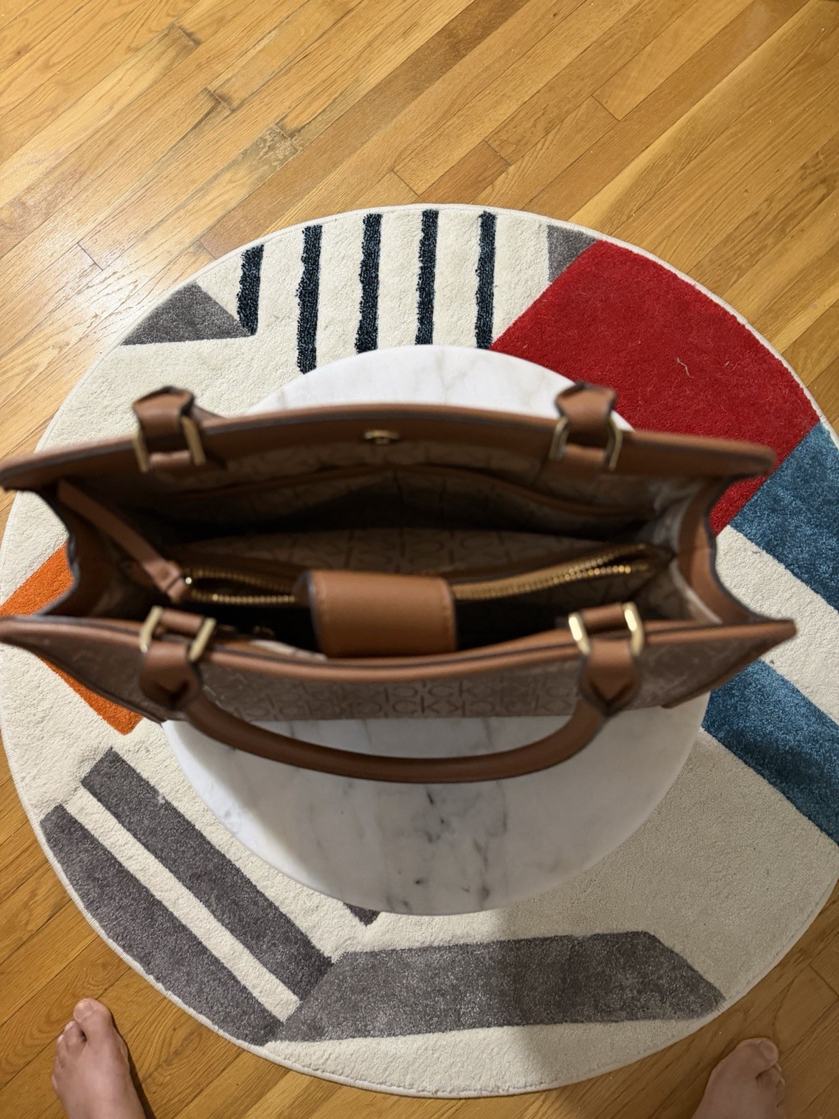 Calvin Klein CK Logo Satchel Top Handle Zip w/ Detachable Strap Brown Beige