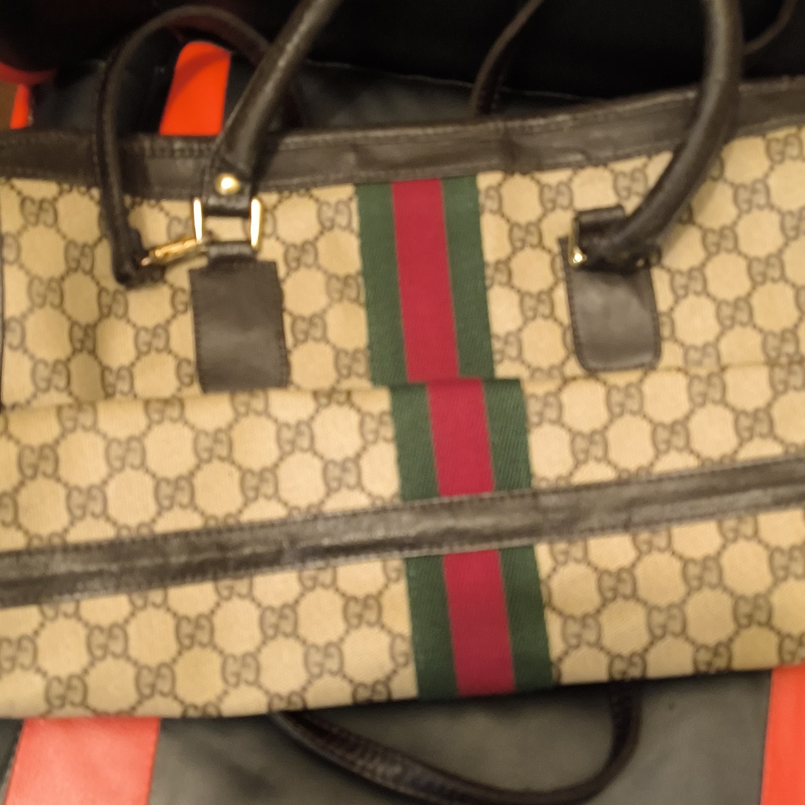 Gucci GG Pattern Web Stripe Top Handle Zip Bag Beige/Brown Red/Green Black