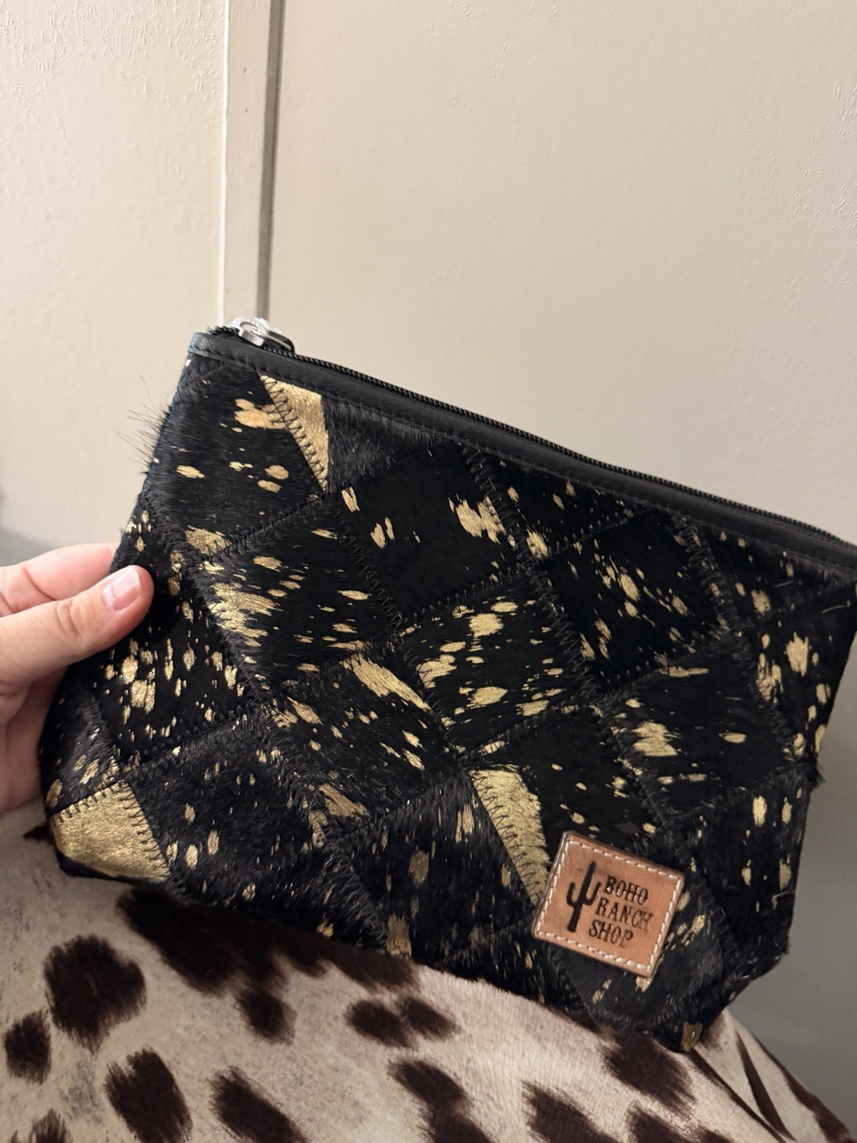 Boho Ranch Shop Women’s Zip Clutch Bag Black & Gold Animal Print Western