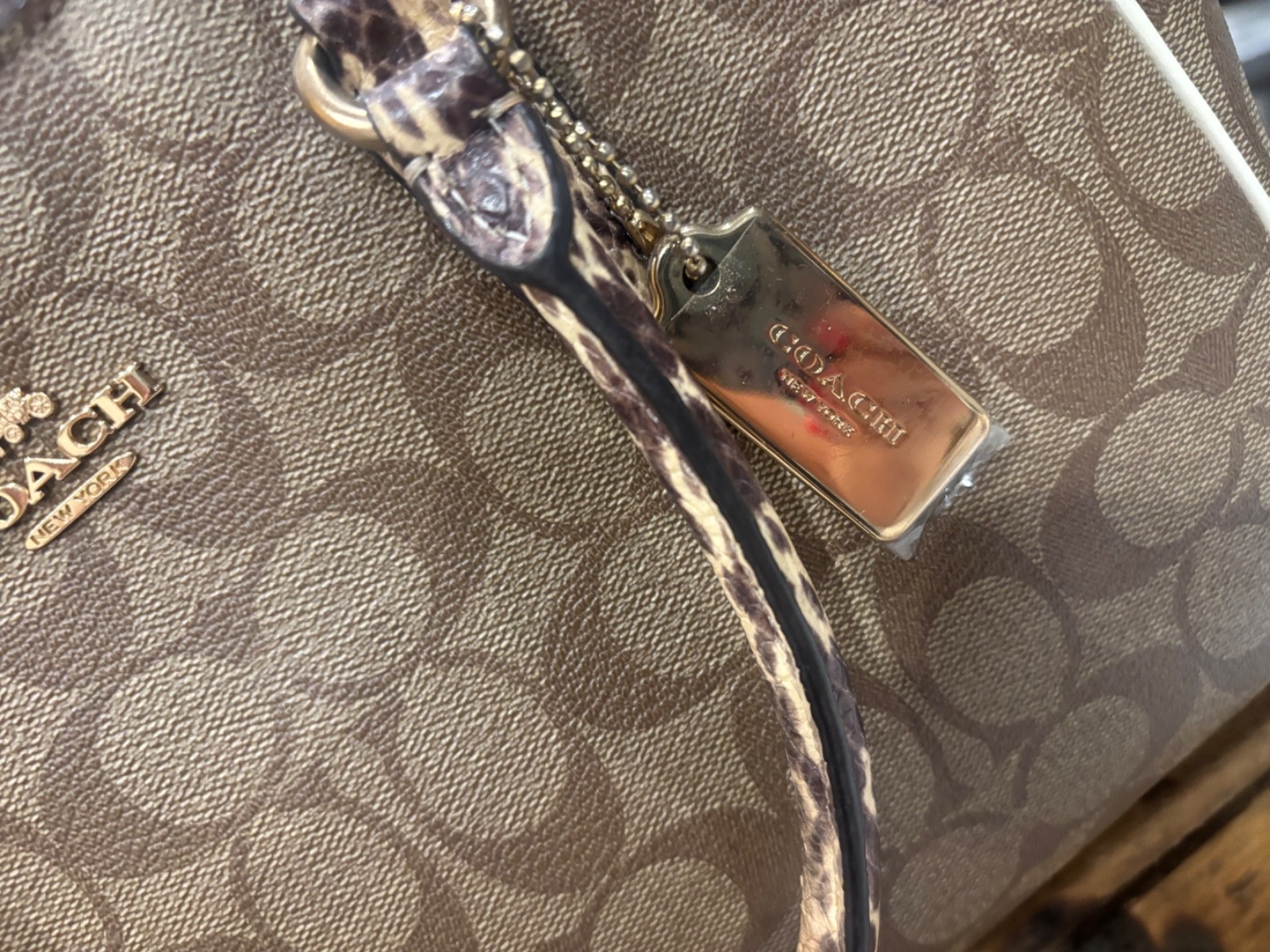 Coach Surrey Signature Canvas Carryall Satchel Handbag with Snake-Print Handles