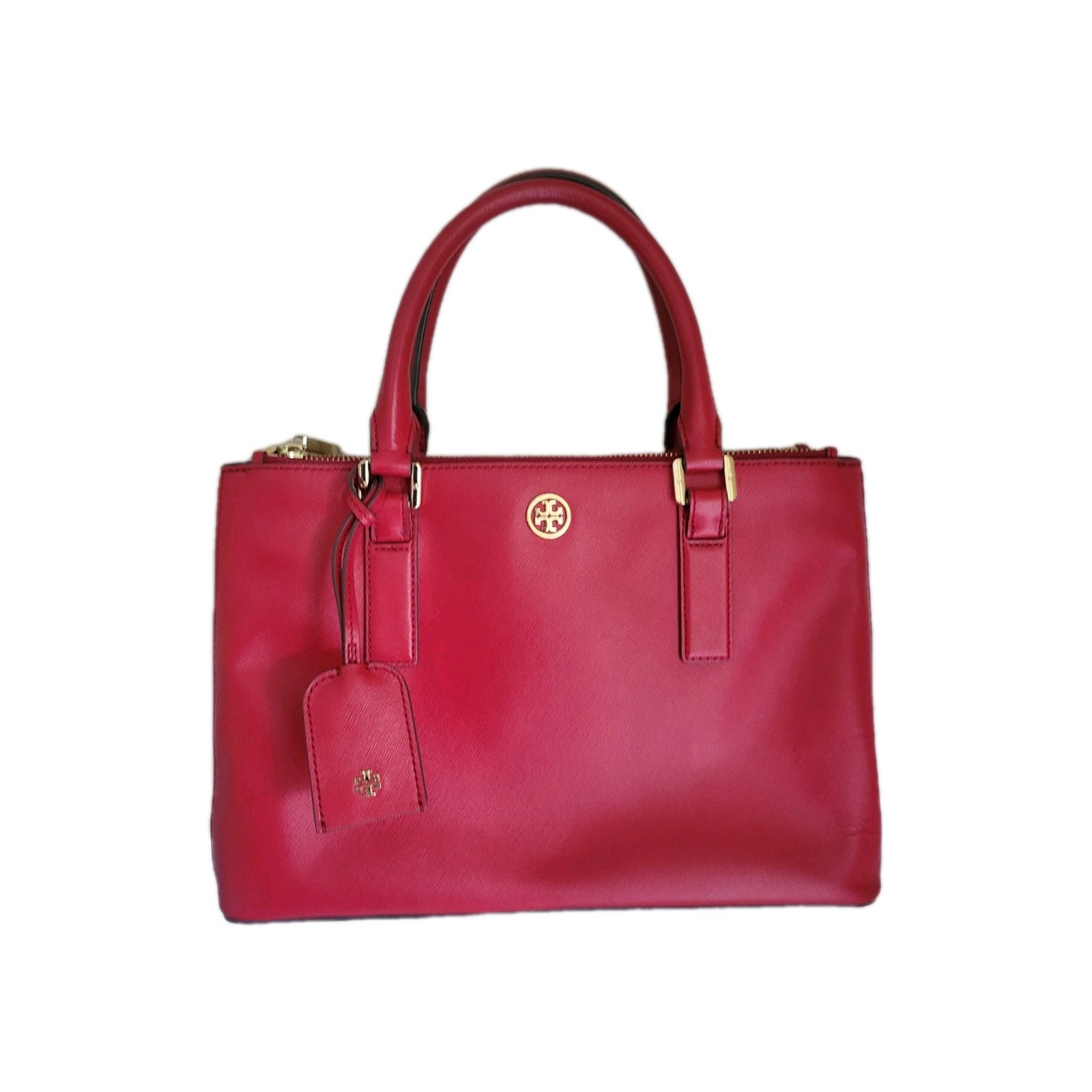 Tory Burch Robinson Double Zip Red Leather Top HandleTote Shoulder Strap Missing