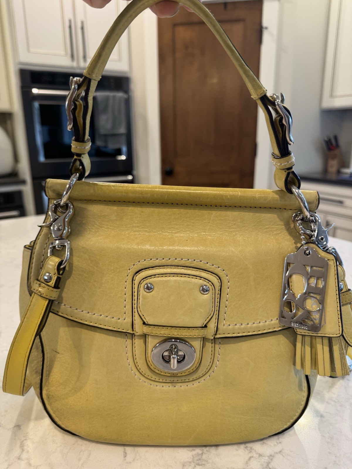 Coach Yellow Turnlock Crossbody Bag Top Handle Detachable Strap Tassel Charm