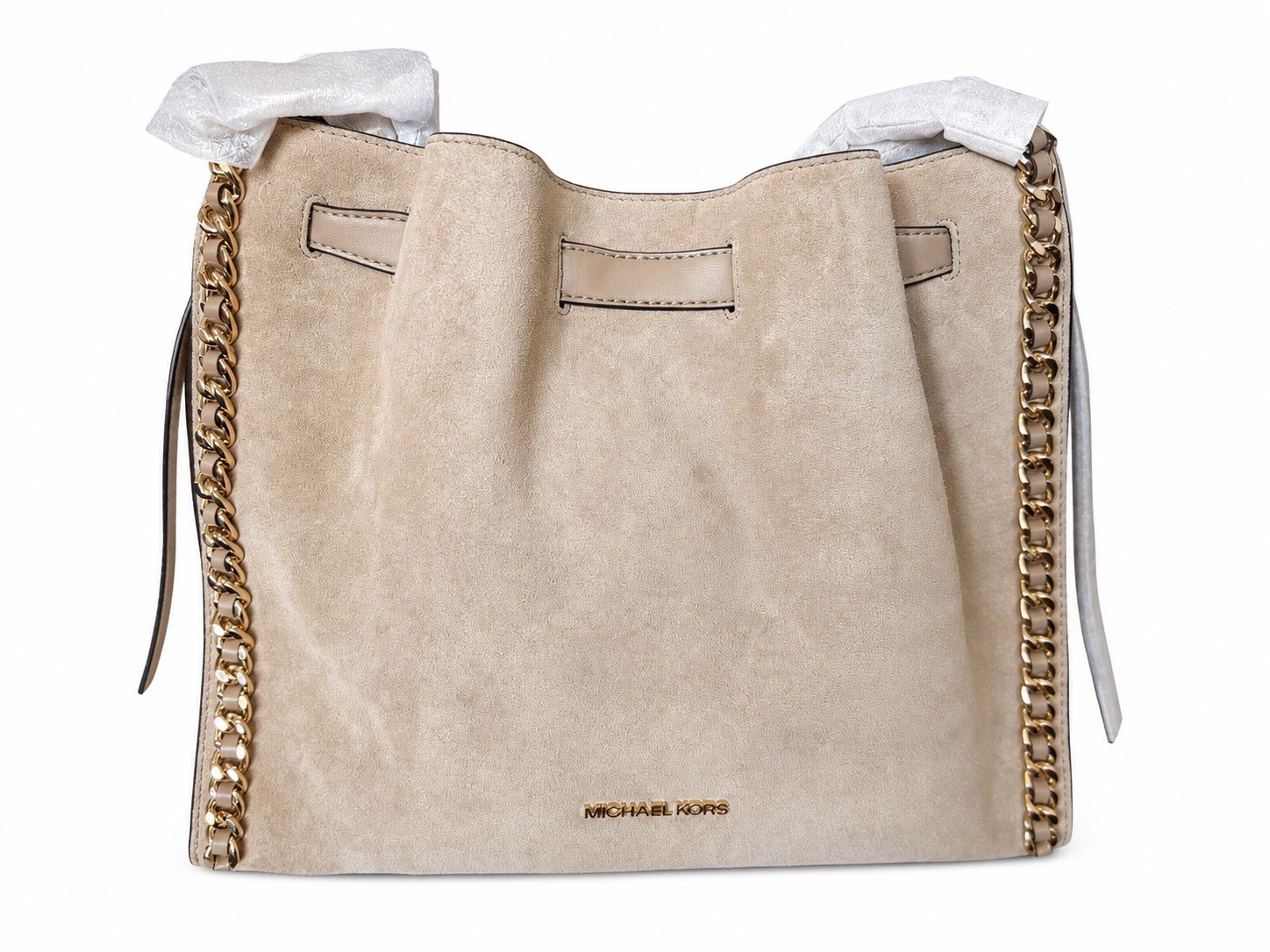 Michael Kors Beige/Tan Drawstring Shoulder Bag with Strap Gold Hardware Logo