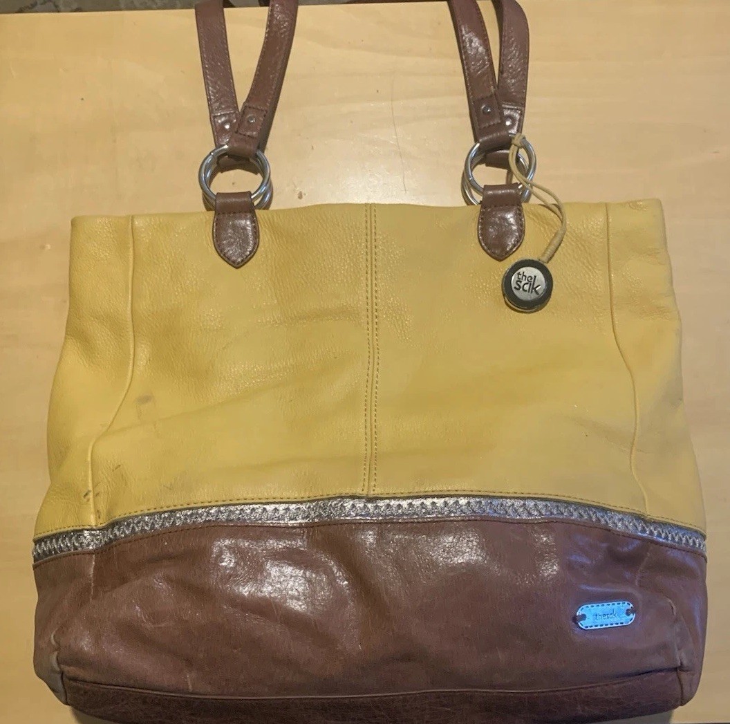 The Sak Indio Leather Shoulder Bag Yellow Top Brown Bottom Patterned Interior